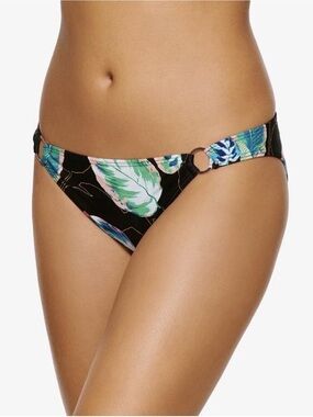 Hula Honey BLACK MULTI Twisted Palms Ring-Detail Hipster Bikini Bottom, Large